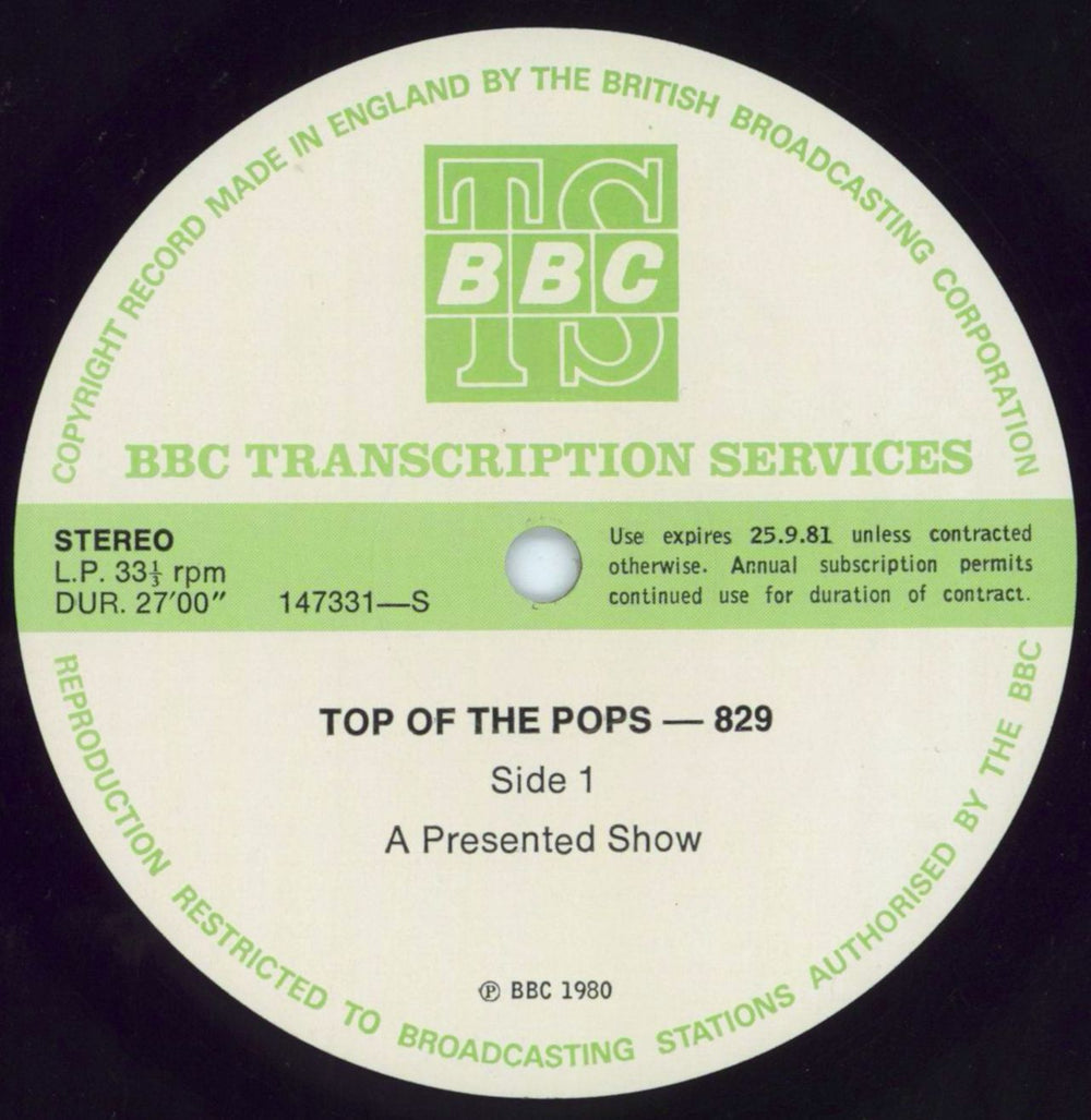 Various-Pop Top Of The Pops 829 UK Promo vinyl LP album (LP record) 147331/32-S