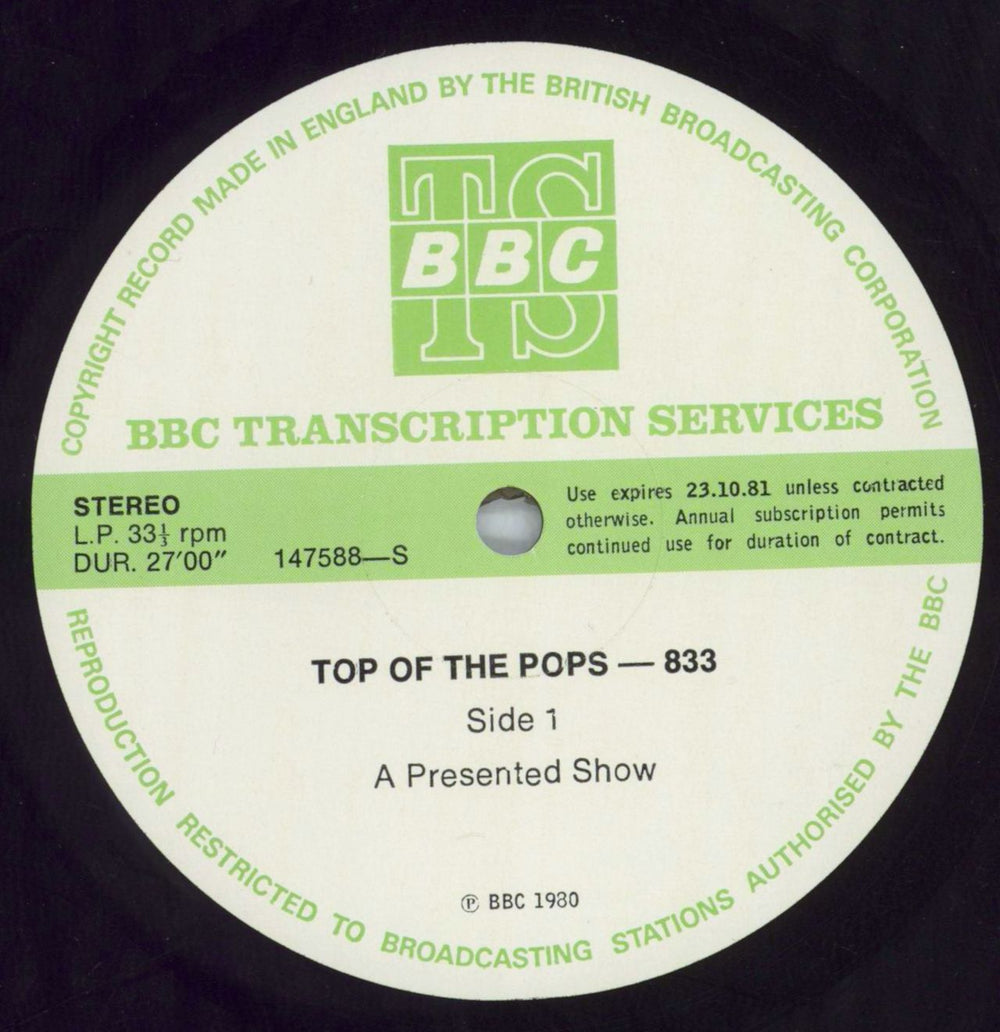 Various-Pop Top Of The Pops 833 UK Promo vinyl LP album (LP record) 147588/89-S