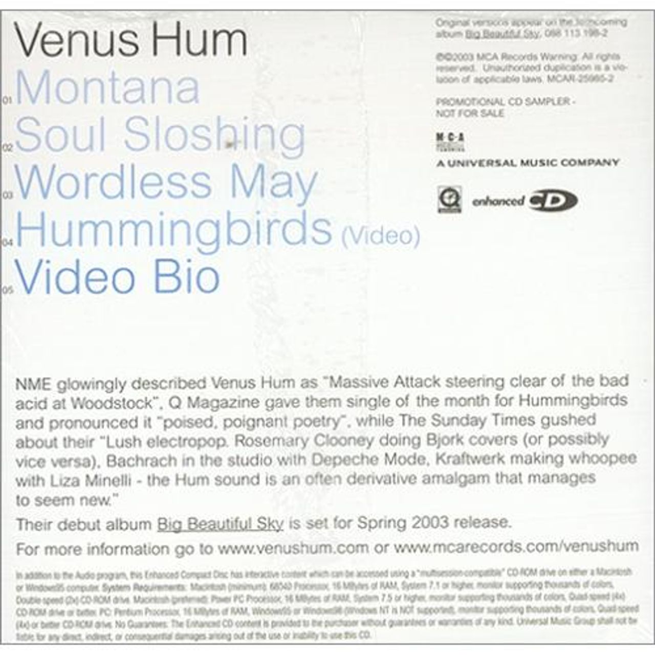 Venus Hum Big Beautiful Sky - Album Sampler US Promo CD single