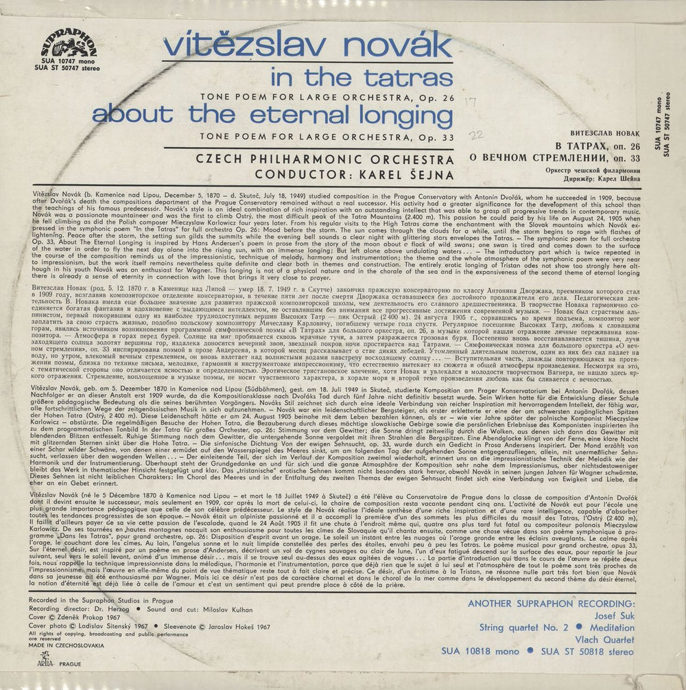 Vítezslav Novák In The Tatras / About The Eternal Longing Czech vinyl LP album (LP record)