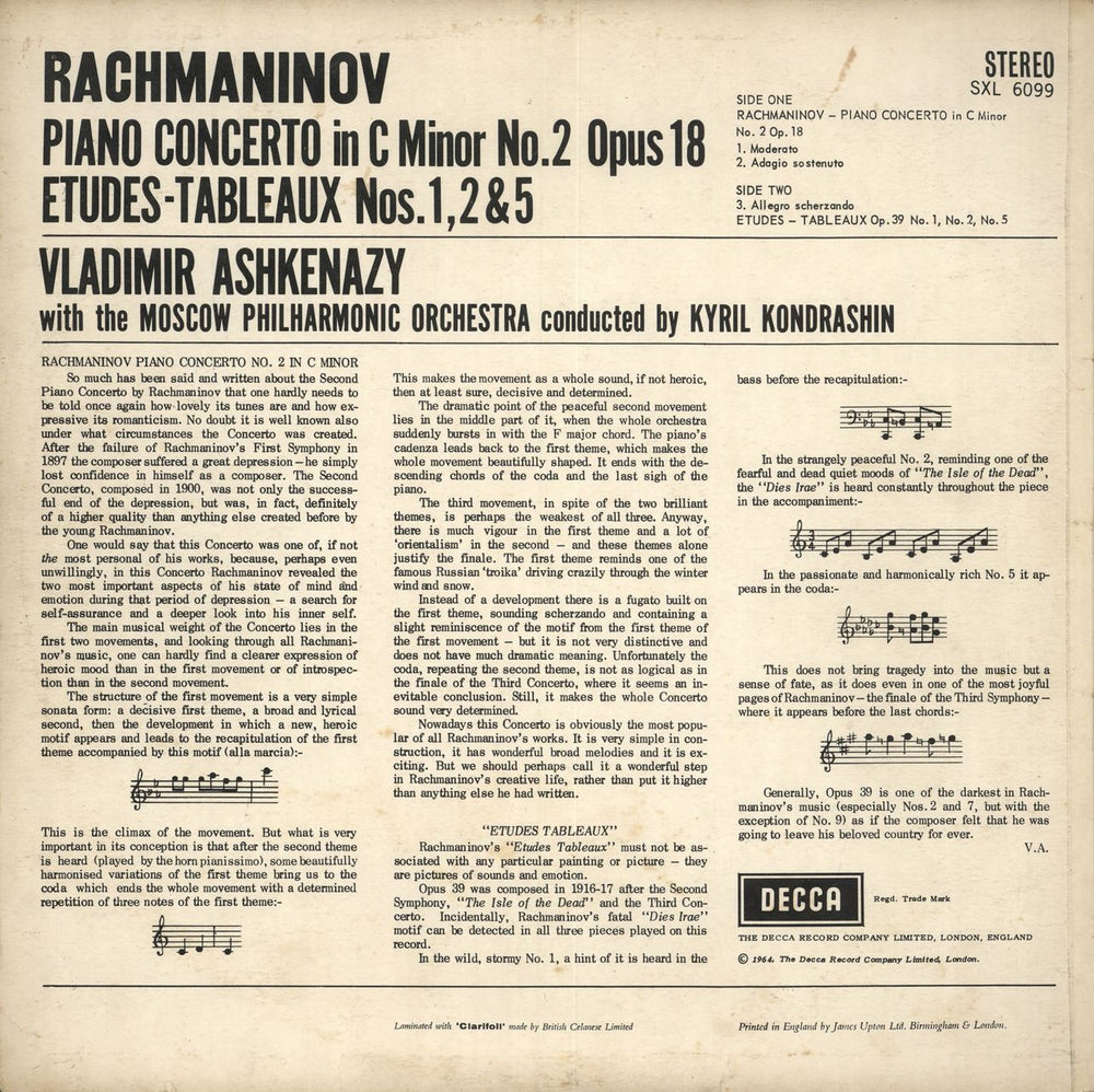 Vladimir Ashkenazy Rachmaninov: Piano Concerto No. 2 Opus 18 / Etudes-Tableaux Nos. 1, 2 & 5 UK vinyl LP album (LP record)