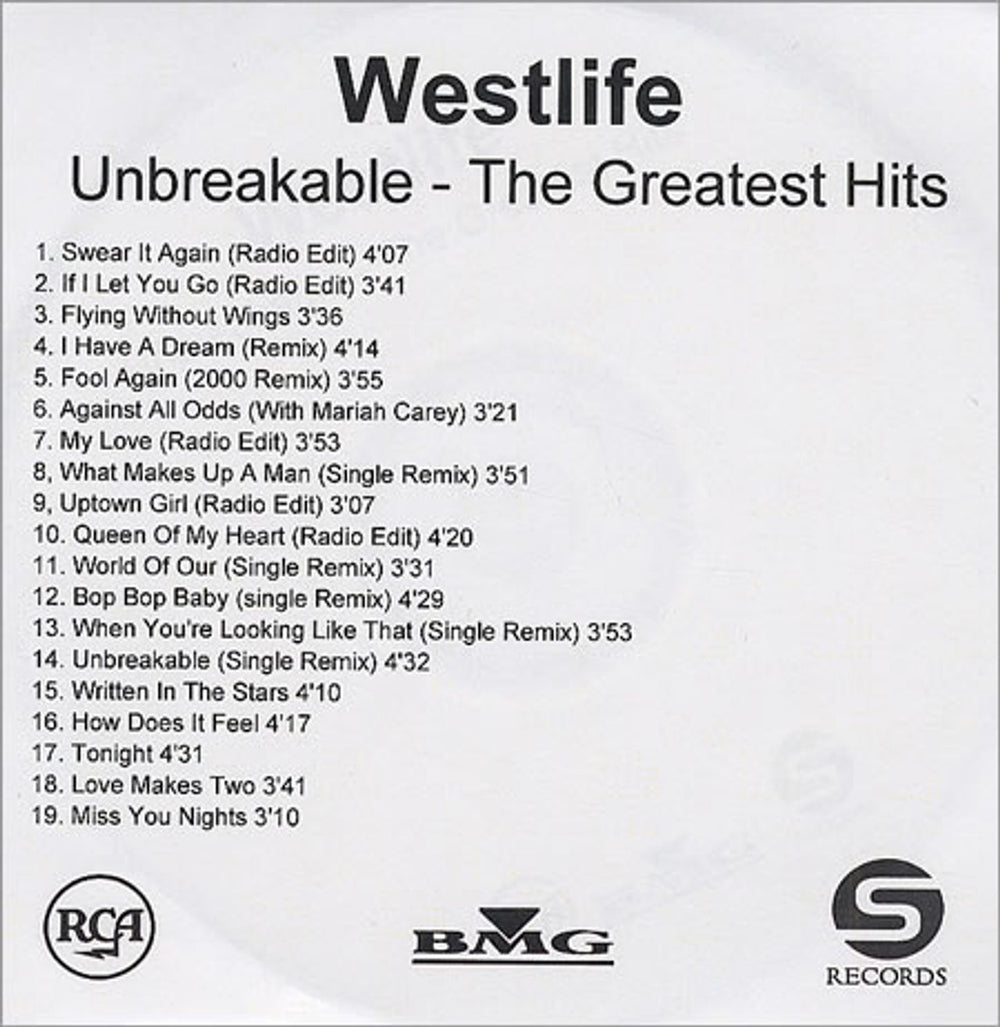 Westlife Unbreakable - The Greatest Hits UK Promo CD-R acetate CDR ACETATE