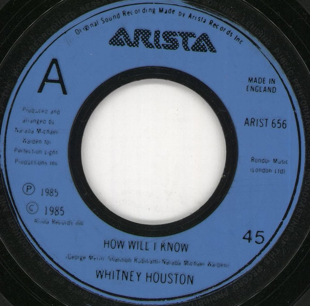 Whitney Houston How Will I Know - Jukebox UK 7" vinyl single (7 inch record / 45) ARIST656