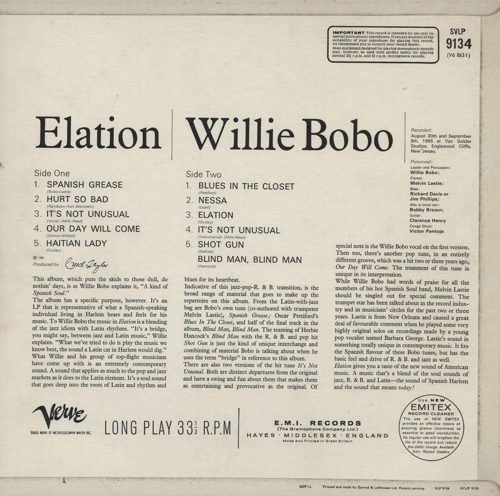 Willie Bobo Elation UK vinyl LP album (LP record)