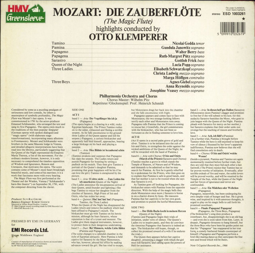 Wolfgang Amadeus Mozart Die Zauberflöte (Highlights) UK vinyl LP album (LP record) 5099910032619