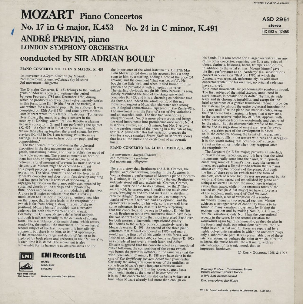 Wolfgang Amadeus Mozart Mozart: Piano Concertos No. 17 & 24 UK vinyl LP album (LP record)