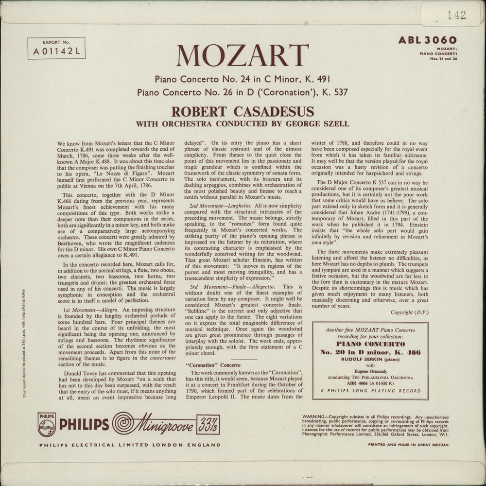 Wolfgang Amadeus Mozart Piano Concerti Nos. 24 & 26 UK vinyl LP album (LP record)